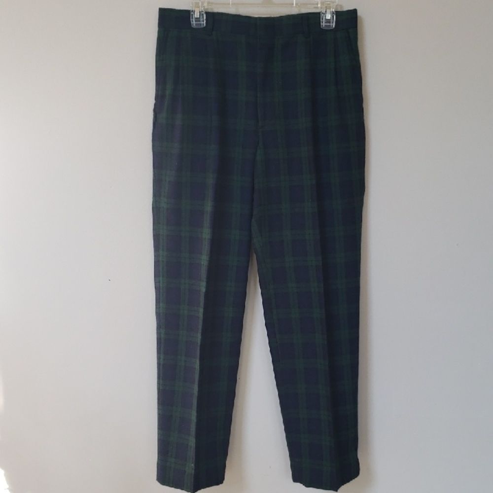 Oakton Limited Trouser Men's Dark Blue Green Tartan Plaid Wool Pants Vintage